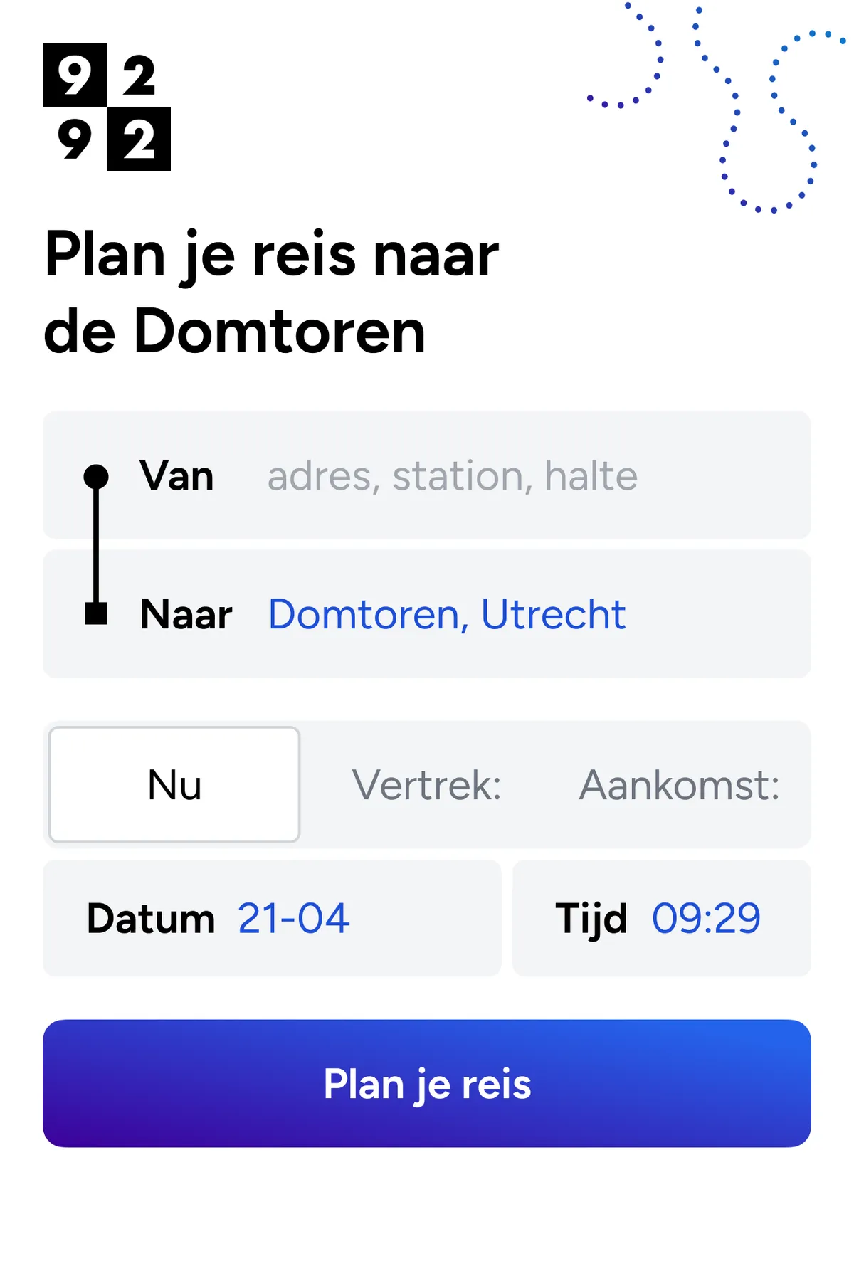 Voorbeeld 9292 Reisplanner Widget